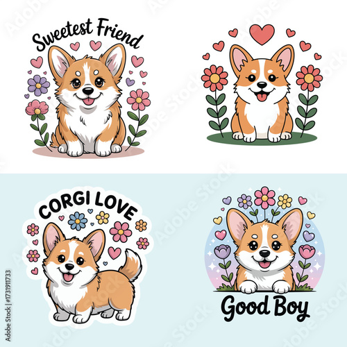 Cute corgi dogs with flowers and hearts puppy cartoon