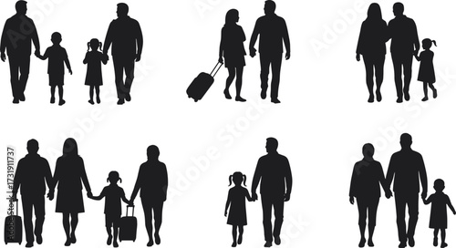 Family travel silhouettes, black figures on white background, parents with children, luggage, walking together, vacation concept, group journey, tourism illustration, vector art
