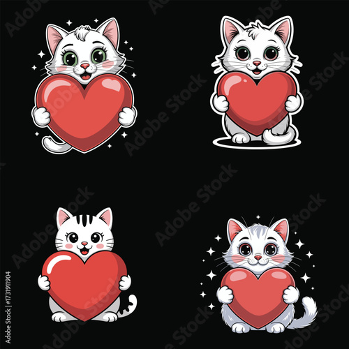 Cute cats holding red hearts kitten love