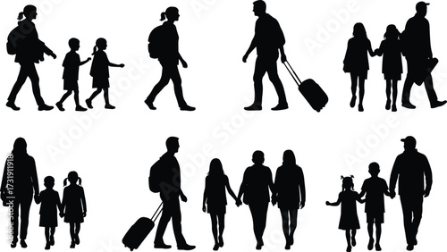 Family travel silhouettes, black figures walking with children, backpacks and luggage, white background, pedestrian movement, airport scene, vector illustration, group journey