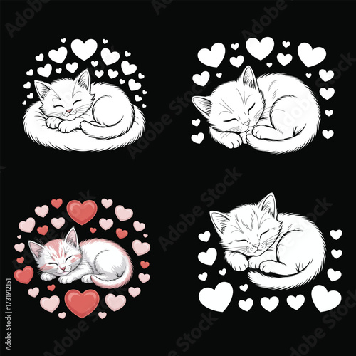 Sleeping kittens surrounded by hearts love