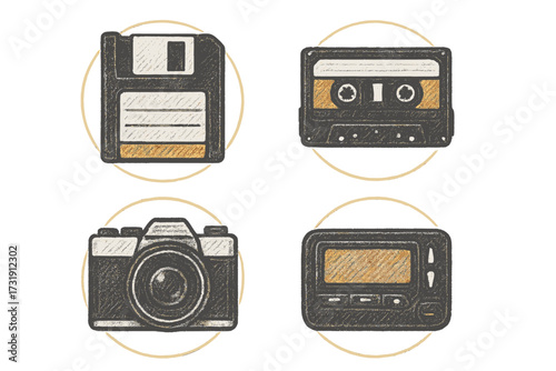 Set of retro technology icons including floppy disk, audio cassette, film camera, and pager devices representing vintage communication and data storage