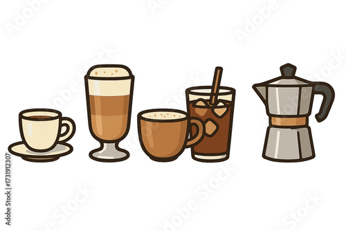 Assortment of coffee beverages and brewing equipment including espresso, latte, iced coffee, and moka pot