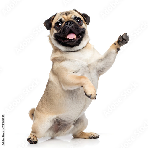 A cheerful pug standing on its hind legs with its tongue out against a white studio background looking happy