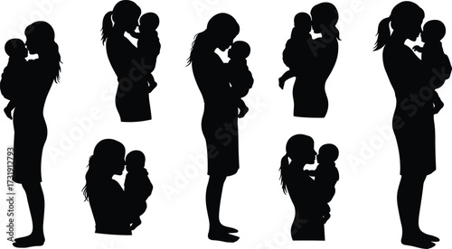 Mother and baby silhouette, maternal bonding, parenting love, black icons on white background, emotional connection, motherhood concept, caring woman holding infant