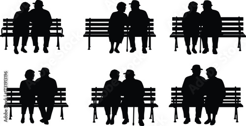 Elderly couples sitting on park benches, senior silhouettes, retirement lifestyle, aging together, love in later life, black vector icons, outdoor companionship
