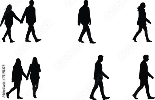 Silhouettes of people walking, male and female figures, hand-in-hand, solo walking, black vector icons, social interaction, outdoor movement, lifestyle concept
