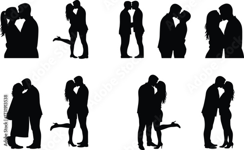 Romantic couple silhouettes in embrace, kissing poses, love and intimacy, black vector icons, affectionate moments, relationship concept, emotional connection