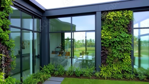 Modern home exterior with large windows and a vibrant vertical garden