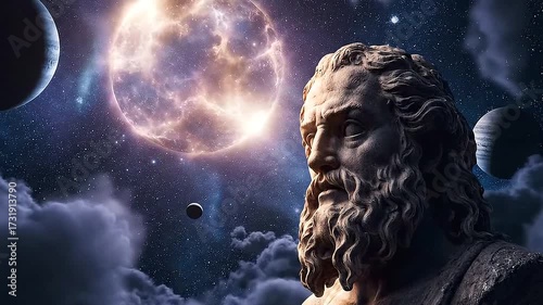 Ancient Greek Philosopher Statue Contemplating the Cosmic Nebula.