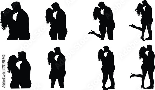 Couples kissing in silhouette, romantic poses, love and intimacy, black vector icons, emotional connection, affectionate moments, relationship concept, passion