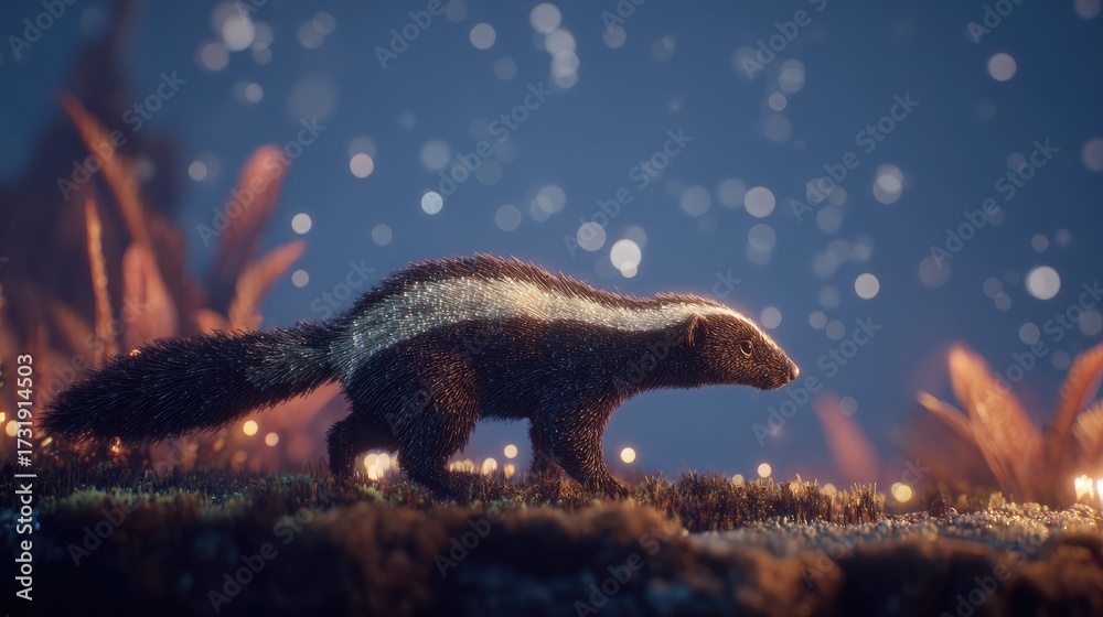 Obraz premium Striped skunk in a mystical, night-time environment.