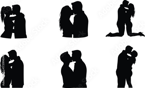 Couples kissing and embracing in silhouette, romantic poses, love and intimacy, black vector icons, emotional connection, relationship concept, affectionate moments