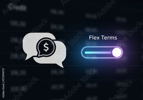 Flex Terms and Negotiation Concept: Digital Finance Interface with Chat Bubble Icons, a Dollar Symbol, and a Glowing Flexible Slider for Loan or Credit Options