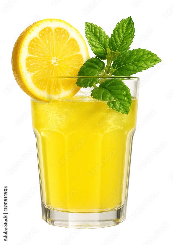 Fototapeta premium Fresh lemonade in a glass with lemon slice and mint.