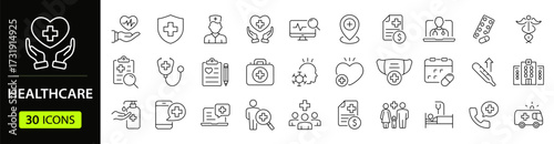 Healthcare set of web icons in line style. Medicine and Health Care linear icon collection. Containing emergency, doctor, treatment, medical, report, diagnosis, health, prevention. Editable stroke