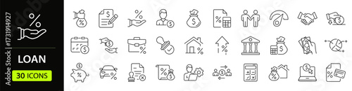 Loan set of web icons in line style. Loan and Credit linear icon collection. Containing loan, money, credit rating, business, leasing, interest, calculator, income, banking and more. Editable stroke