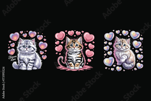 Fluffy kittens surrounded by hearts cute