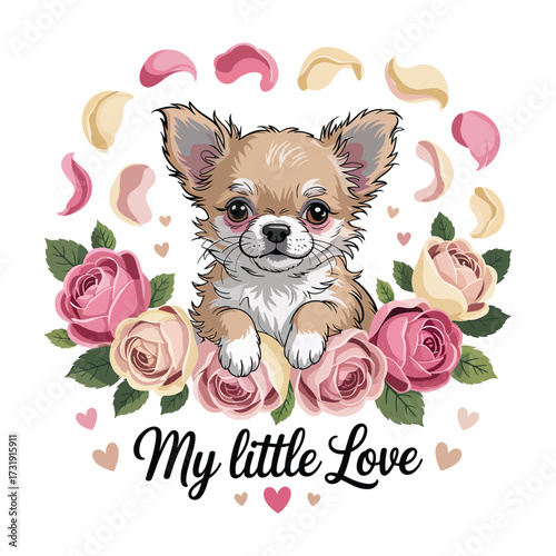 Adorable chihuahua surrounded by roses and petals puppy