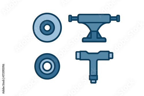 Skateboard hardware parts set featuring wheels, trucks, and a T-tool for assembly, repair, and adjustment