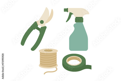 Gardening tools and supplies for plant care: pruning shears, spray bottle, garden twine, floral tape