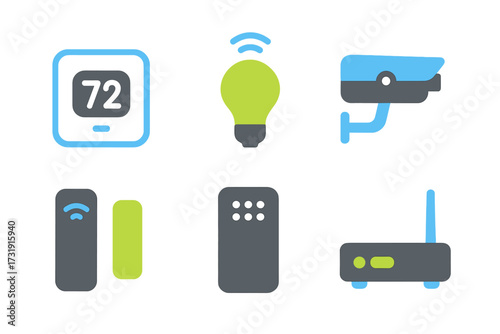 Modern smart home automation and security system devices with wireless connectivity and remote control elements