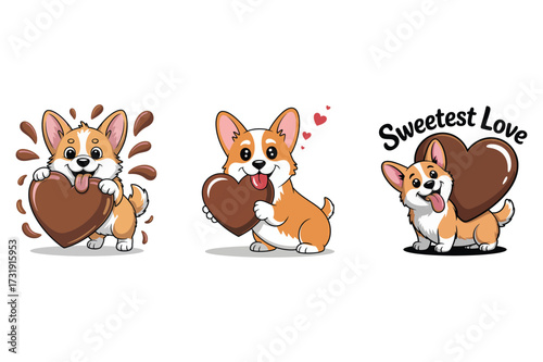 Corgi dogs holding chocolate hearts puppy cartoon