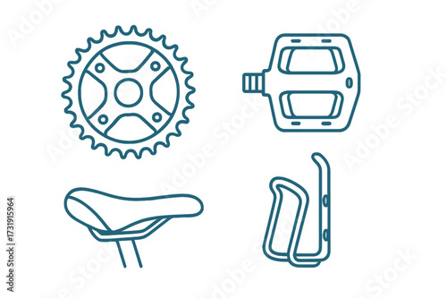 Collection of essential bicycle components and accessories including a chainring pedal saddle and water bottle cage for cycling enthusiasts