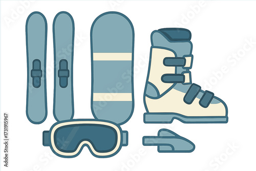 Winter sports equipment collection featuring skis, snowboard, ski boot, and goggles for cold weather activities