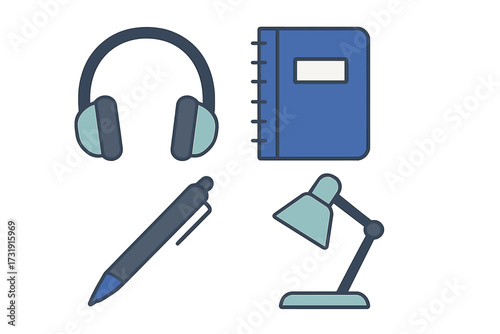 Modern flat design icons representing essential office and study items including headphones, notebook, pen, and desk lamp for various digital projects