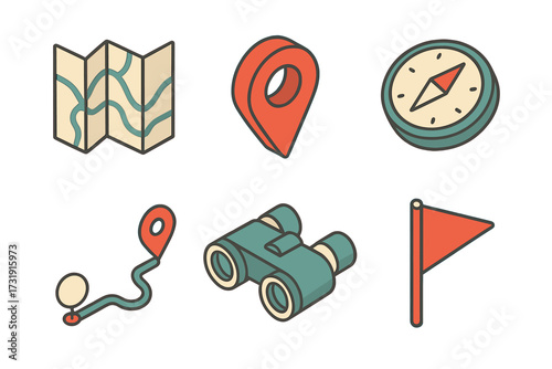 Essential outdoor adventure and travel navigation equipment with map, compass, binoculars, and location pins