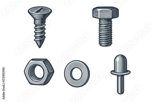 Industrial hardware components set featuring metal fasteners like screws, bolts, nuts, washers, and rivets for construction and repair