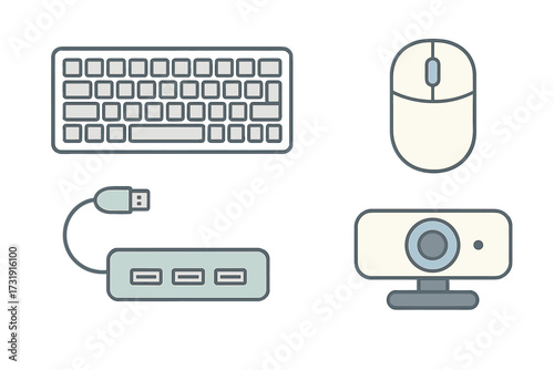 Modern computer peripherals set with keyboard mouse USB hub and webcam for digital work environment and remote office