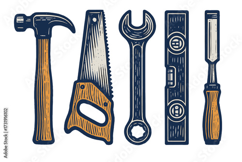Collection of essential carpentry and construction hand tools including hammer, saw, wrench, level, and chisel