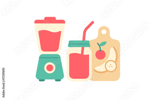 Healthy lifestyle concept with a blender, fruit smoothie in a glass jar, and a cutting board with fresh produce