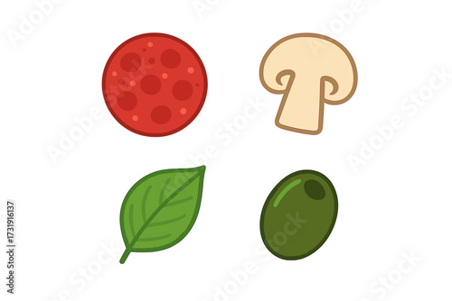 Essential pizza ingredients collection with spicy pepperoni slices fresh mushroom basil leaf and ripe green olive
