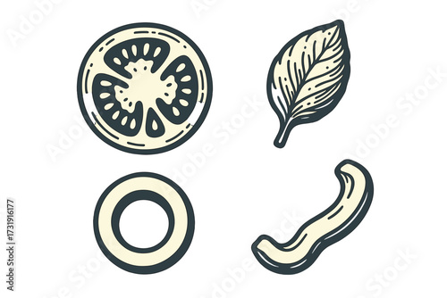Fresh produce ingredients set including sliced tomato, aromatic basil leaf, crisp onion ring, and spicy chili pepper