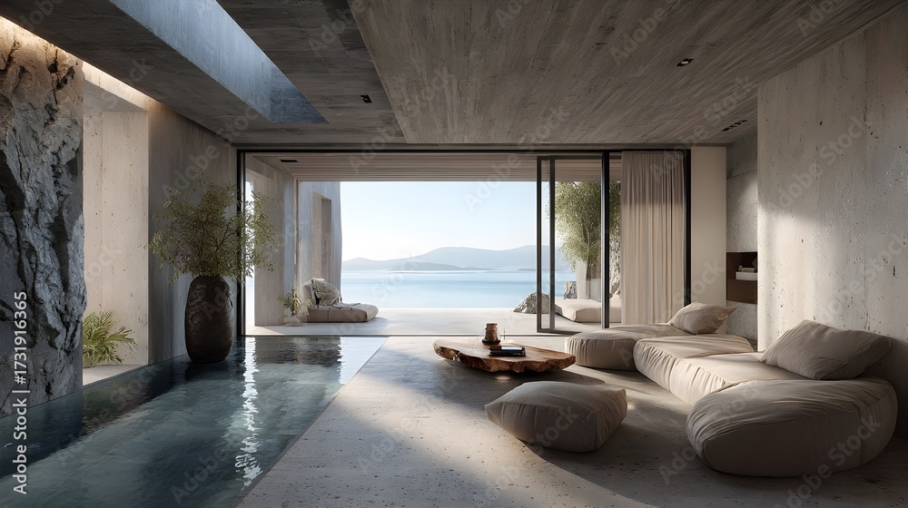 Naklejka premium Modern Seaview Poolvilla Minimalist Travertine Danish Style Vibrant Accents Crisp Details Elegant Design Luxurious Ambiance Sophisticated Appeal (AI-Generated)