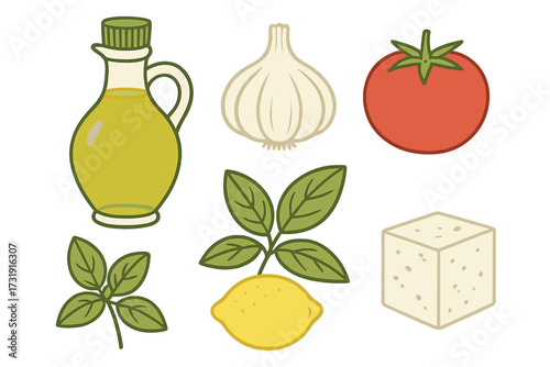 Essential Mediterranean cooking ingredients with olive oil, garlic, tomato, basil, lemon, and white cheese