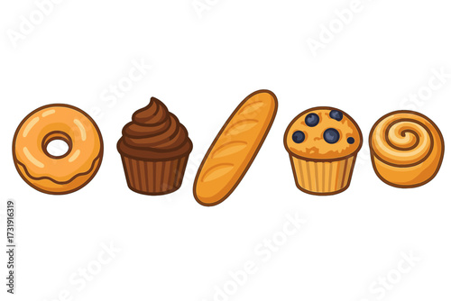 Sweet and savory bakery delights including glazed donut, chocolate cupcake, blueberry muffin, cinnamon roll, and baguette