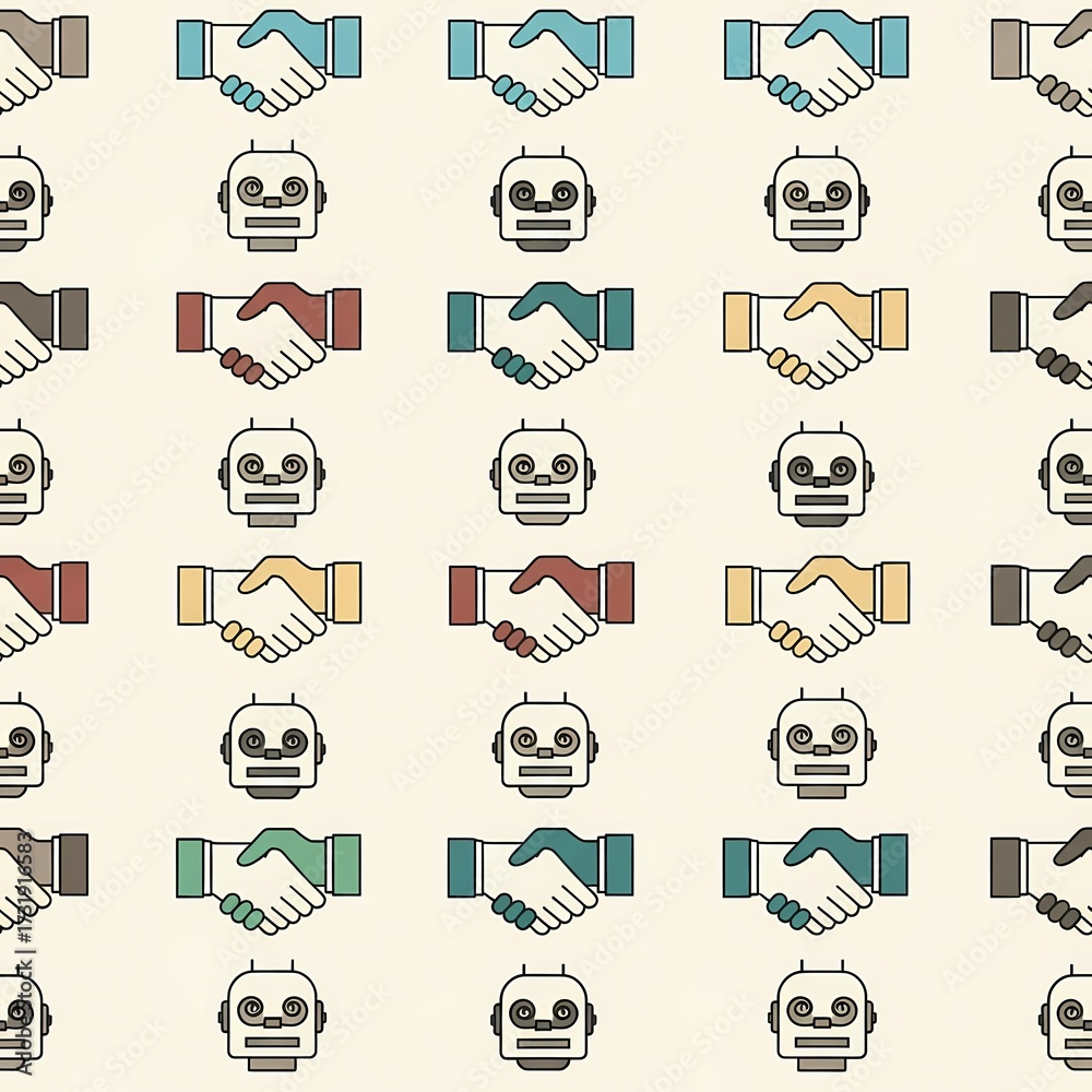 Fototapeta premium Pattern of Robots and Handshake Icons in a Repeating Design