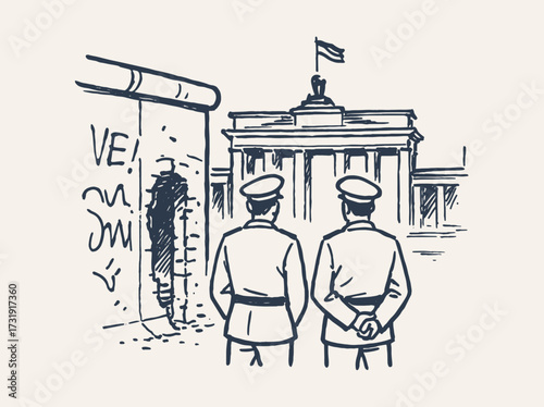 Berlin Wall and Brandenburg Gate ink sketch vector illustration
