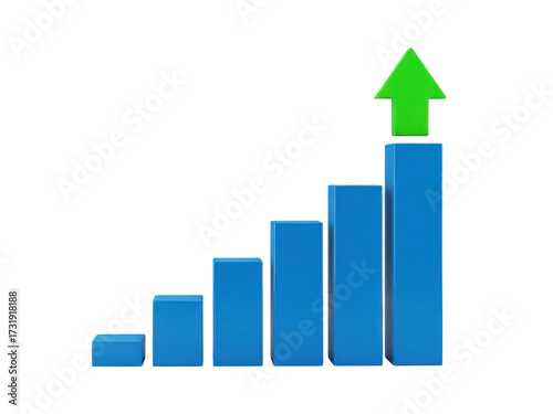 Blue bar chart showing upward trend with green arrow indicating growth and success