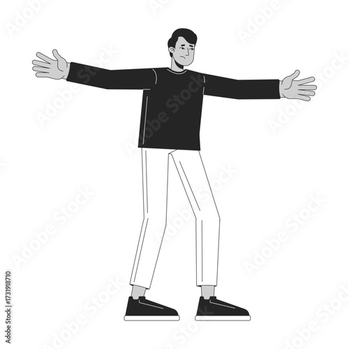 Unhappy indian man standing with open arms wide 2D line character. Uncertain behavior, concern. Guy hands outstretched protectively isolated vector ink outline person. Monochromatic spot illustration