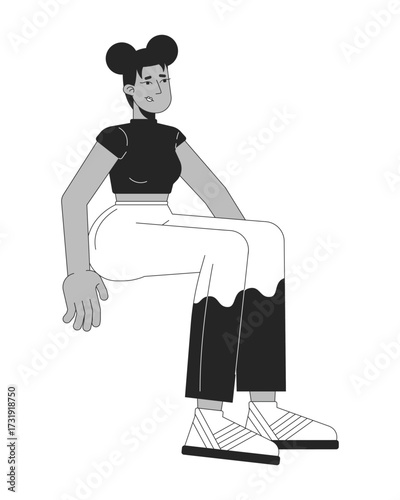Disappointed black woman sitting calmly in trendy outfit 2D line character. Fashionable african american girl upset expression isolated vector ink outline person. Monochromatic spot illustration