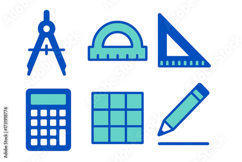 Geometry and mathematics tools including compass, protractor, set square, calculator, and pencil for education and design