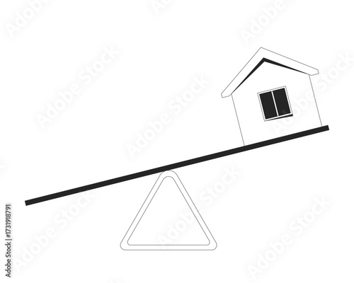 Small house placed on seesaw balance 2D line object. Housing market instability. Realty issues. Real estate supply demand isolated clipart vector ink outline item. Monochrome spot illustration