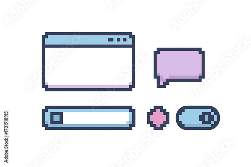 Retro pixel art user interface elements set with window, speech bubble, search bar, and toggle switch