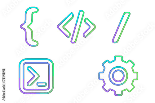 Colorful gradient programming symbols and development icons set for web and software design and user interface elements