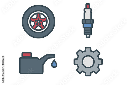 Collection of essential automotive parts and car maintenance service icons including wheel, spark plug, oil can, and gear symbol